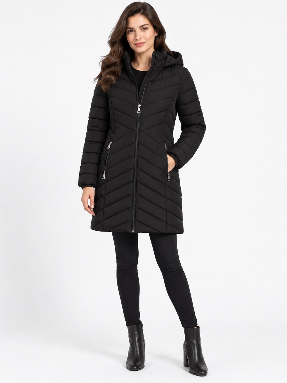 DKNY Black Hooded Quilted Long Puffer Coat